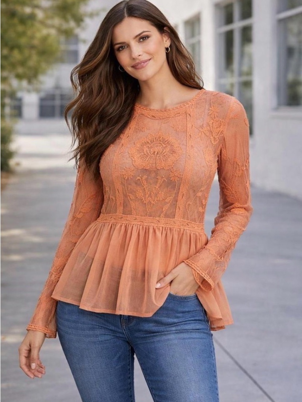 Xhilaration Orange Lace Embroidered Long Sleeve Peplum Blouse Size L Boho Mesh